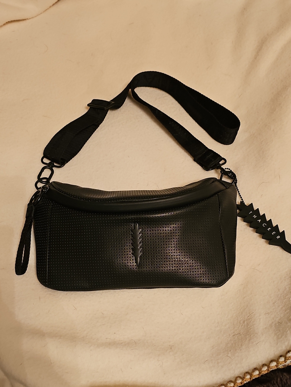 Black Perforated Crossbody Bag with Adjustable Strap